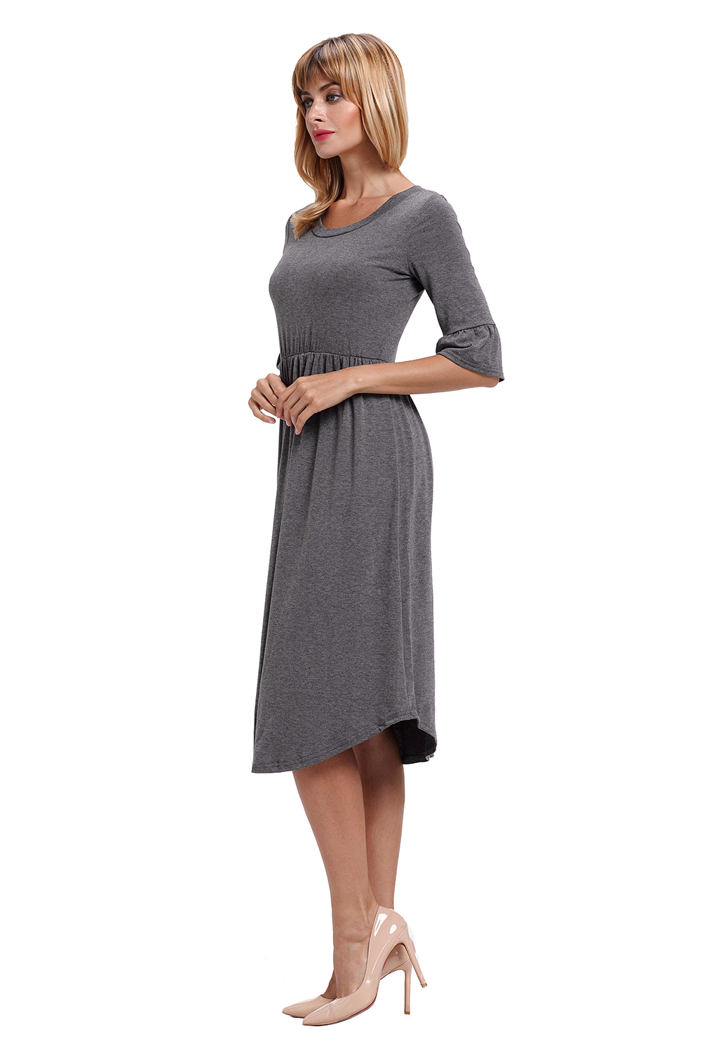 BY61652-11 Gray Ruffle Sleeve Midi Jersey Dress